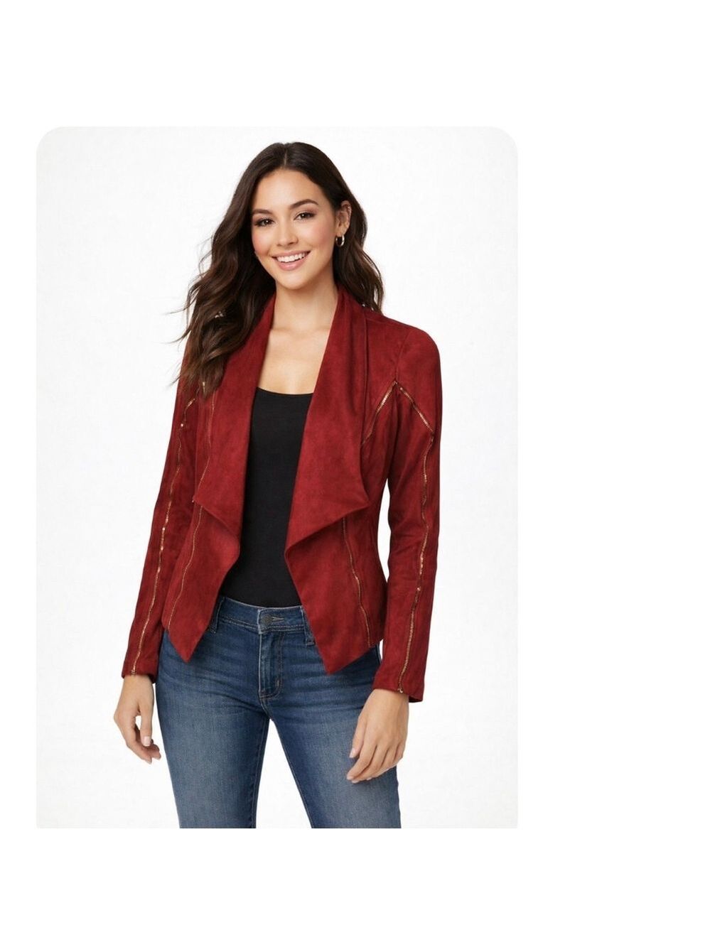 Red Suede Jacket / Blazer Coat with Gold Zippers